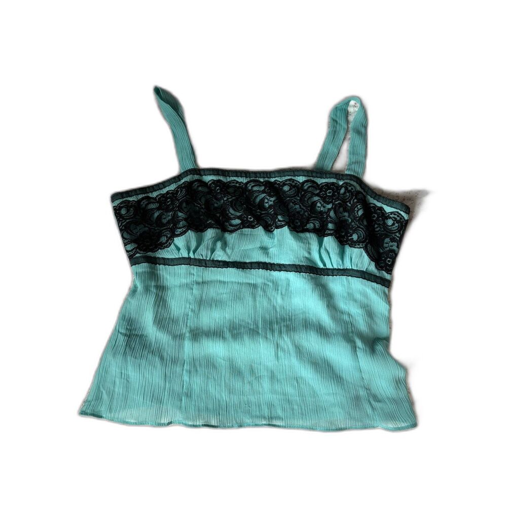 Vintage Karin Stevens teal crinkle tank top with black lace trim